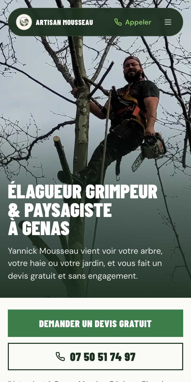 Le site d’Artisan Mousseau sur téléphone : élagueur grimpeur dans un arbre, bouton Appeler en haut de l’écran